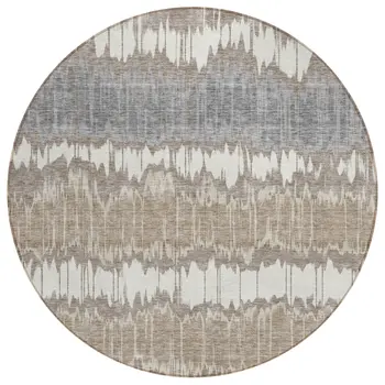 8' Taupe Brown And Ivory Round Striped Washable Indoor Outdoor Area Rug