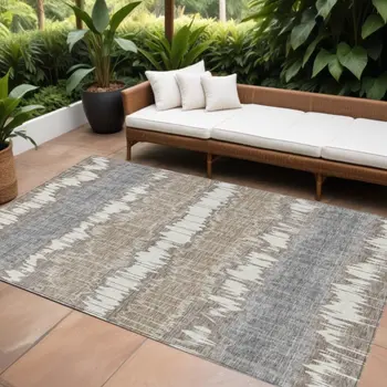 10' X 14' Taupe Brown And Ivory Striped Washable Indoor Outdoor Area Rug