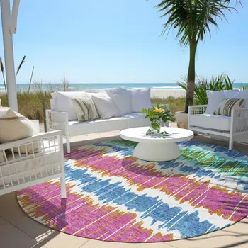 8' White Blue And Pink Round Striped Washable Indoor Outdoor Area Rug