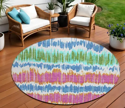 8' White Blue And Pink Round Striped Washable Indoor Outdoor Area Rug