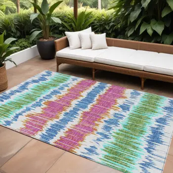 8' X 10' White Blue And Pink Striped Washable Indoor Outdoor Area Rug
