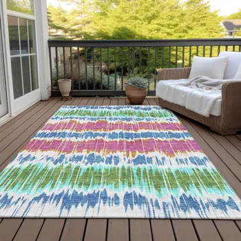 8' X 10' White Blue And Pink Striped Washable Indoor Outdoor Area Rug