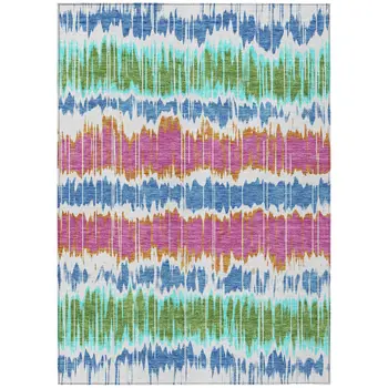 8' X 10' White Blue And Pink Striped Washable Indoor Outdoor Area Rug