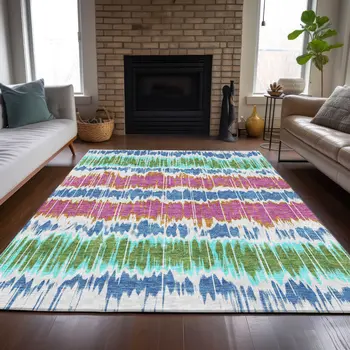 8' X 10' White Blue And Pink Striped Washable Indoor Outdoor Area Rug