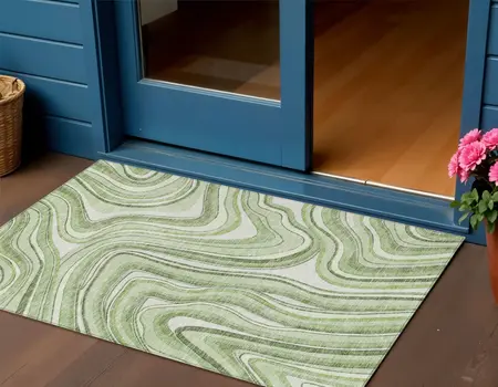 3' X 5' Artichoke Green And Ivory Abstract Washable Indoor Outdoor Area Rug