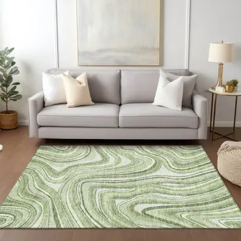 3' X 5' Artichoke Green And Ivory Abstract Washable Indoor Outdoor Area Rug