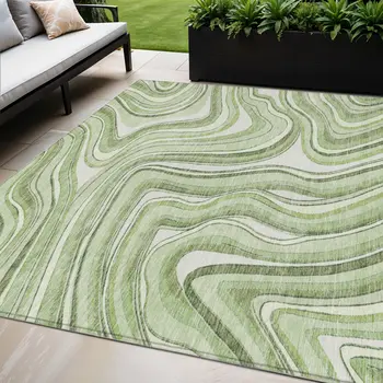 5' X 8' Artichoke Green And Ivory Abstract Washable Indoor Outdoor Area Rug