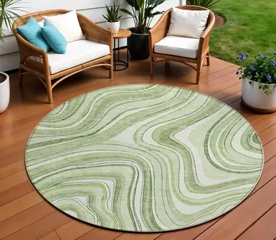 8' Artichoke Green And Ivory Round Abstract Washable Indoor Outdoor Area Rug