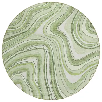 8' Artichoke Green And Ivory Round Abstract Washable Indoor Outdoor Area Rug