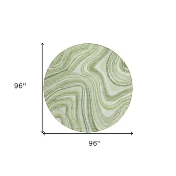 8' Artichoke Green And Ivory Round Abstract Washable Indoor Outdoor Area Rug