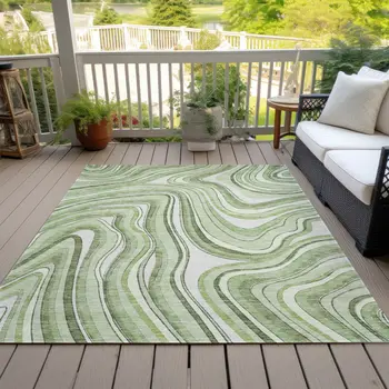 8' X 10' Artichoke Green And Ivory Abstract Washable Indoor Outdoor Area Rug