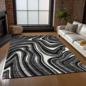 5' X 8' Black Gray And White Abstract Washable Indoor Outdoor Area Rug