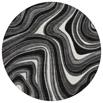 8' Black Gray And White Round Abstract Washable Indoor Outdoor Area Rug