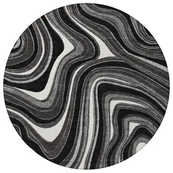 8' Black Gray And White Round Abstract Washable Indoor Outdoor Area Rug