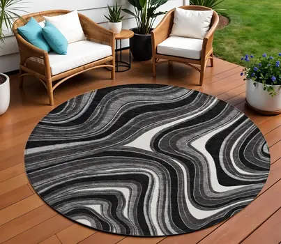 8' Black Gray And White Round Abstract Washable Indoor Outdoor Area Rug