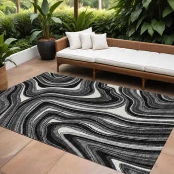 9' X 12' Black Gray And White Abstract Washable Indoor Outdoor Area Rug