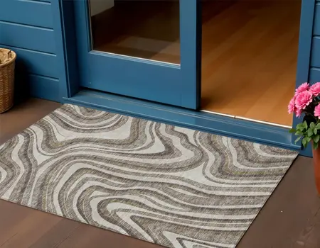 3' X 5' Brown Ivory And Taupe Abstract Washable Indoor Outdoor Area Rug