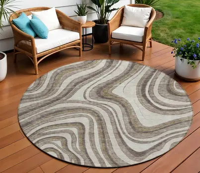 8' Brown Ivory And Taupe Round Abstract Washable Indoor Outdoor Area Rug