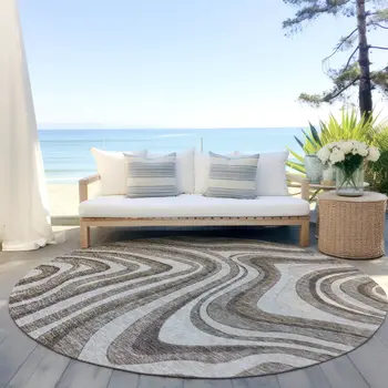 8' Brown Ivory And Taupe Round Abstract Washable Indoor Outdoor Area Rug