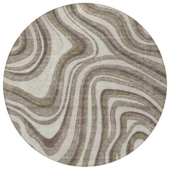 8' Brown Ivory And Taupe Round Abstract Washable Indoor Outdoor Area Rug