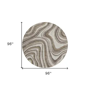 8' Brown Ivory And Taupe Round Abstract Washable Indoor Outdoor Area Rug