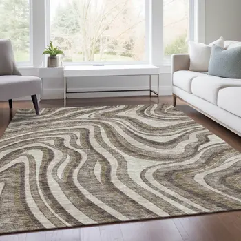 8' X 10' Brown Ivory And Taupe Abstract Washable Indoor Outdoor Area Rug