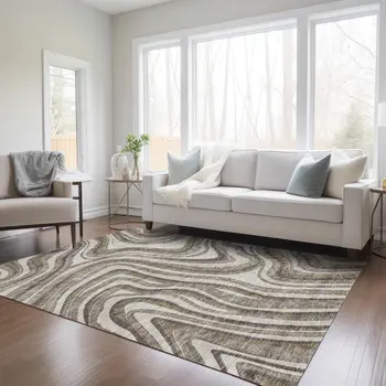 10' X 14' Brown Ivory And Taupe Abstract Washable Indoor Outdoor Area Rug