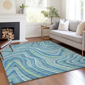3' X 5' Navy Blue And Denim Blue Abstract Washable Indoor Outdoor Area Rug