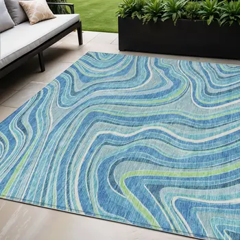 5' X 8' Navy Blue And Denim Blue Abstract Washable Indoor Outdoor Area Rug
