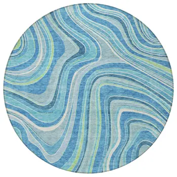 8' Navy Blue And Denim Blue Round Abstract Washable Indoor Outdoor Area Rug