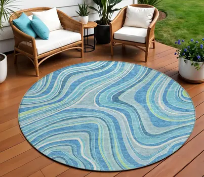 8' Navy Blue And Denim Blue Round Abstract Washable Indoor Outdoor Area Rug