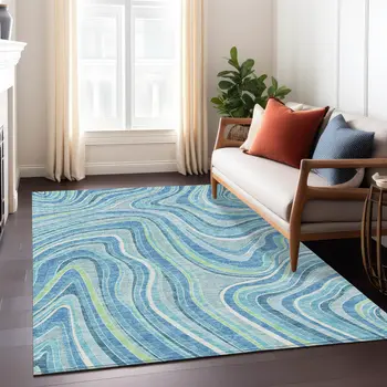 9' X 12' Navy Blue And Denim Blue Abstract Washable Indoor Outdoor Area Rug