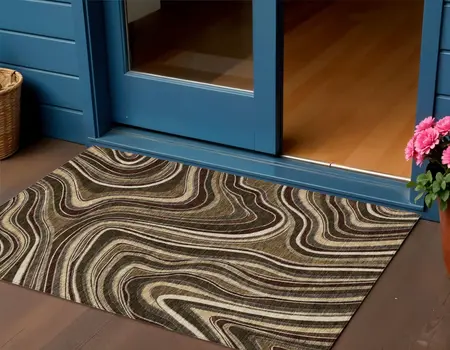3' X 5' Brown And Ivory Abstract Washable Indoor Outdoor Area Rug
