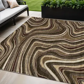 5' X 8' Brown And Ivory Abstract Washable Indoor Outdoor Area Rug