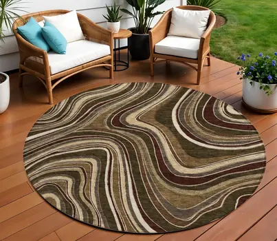 8' Brown And Ivory Round Abstract Washable Indoor Outdoor Area Rug