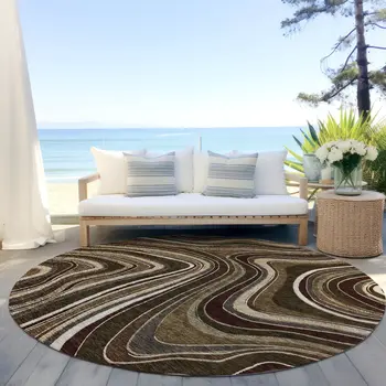 8' Brown And Ivory Round Abstract Washable Indoor Outdoor Area Rug