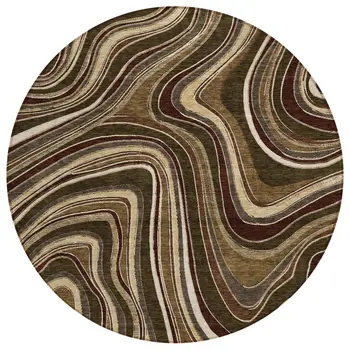 8' Brown And Ivory Round Abstract Washable Indoor Outdoor Area Rug