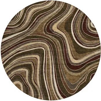 8' Brown And Ivory Round Abstract Washable Indoor Outdoor Area Rug