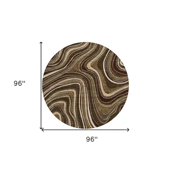 8' Brown And Ivory Round Abstract Washable Indoor Outdoor Area Rug