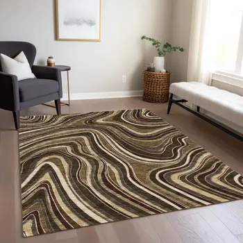 10' X 14' Brown And Ivory Abstract Washable Indoor Outdoor Area Rug