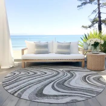 8' Gray Charcoal And Ivory Round Abstract Washable Indoor Outdoor Area Rug