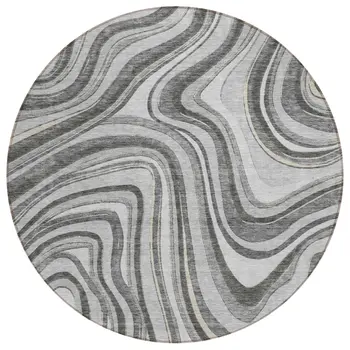8' Gray Charcoal And Ivory Round Abstract Washable Indoor Outdoor Area Rug