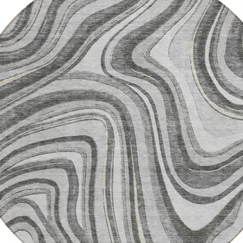 8' Gray Charcoal And Ivory Round Abstract Washable Indoor Outdoor Area Rug