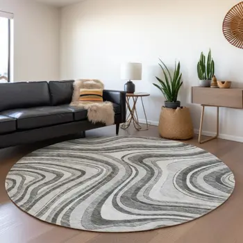 8' Gray Charcoal And Ivory Round Abstract Washable Indoor Outdoor Area Rug