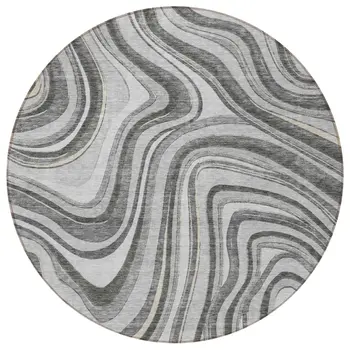 8' Gray Charcoal And Ivory Round Abstract Washable Indoor Outdoor Area Rug
