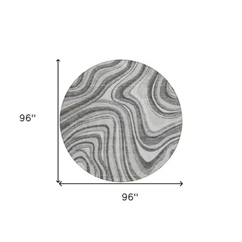 8' Gray Charcoal And Ivory Round Abstract Washable Indoor Outdoor Area Rug