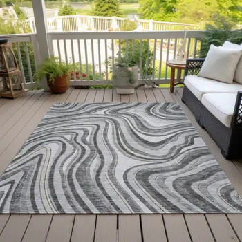 9' X 12' Gray Charcoal And Ivory Abstract Washable Indoor Outdoor Area Rug