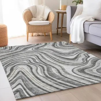 9' X 12' Gray Charcoal And Ivory Abstract Washable Indoor Outdoor Area Rug
