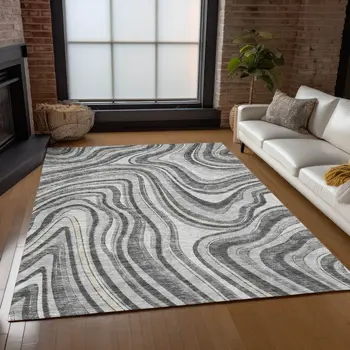9' X 12' Gray Charcoal And Ivory Abstract Washable Indoor Outdoor Area Rug