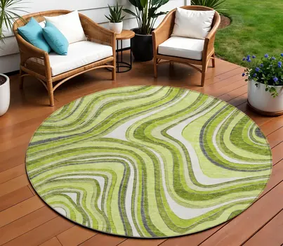 8' Lime Green And Charcoal Round Abstract Washable Indoor Outdoor Area Rug